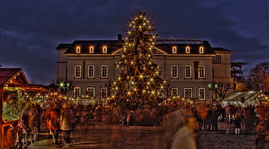 Rathaus Sinzig mit Tannenbaum und Weihnachtsbeleuchtung