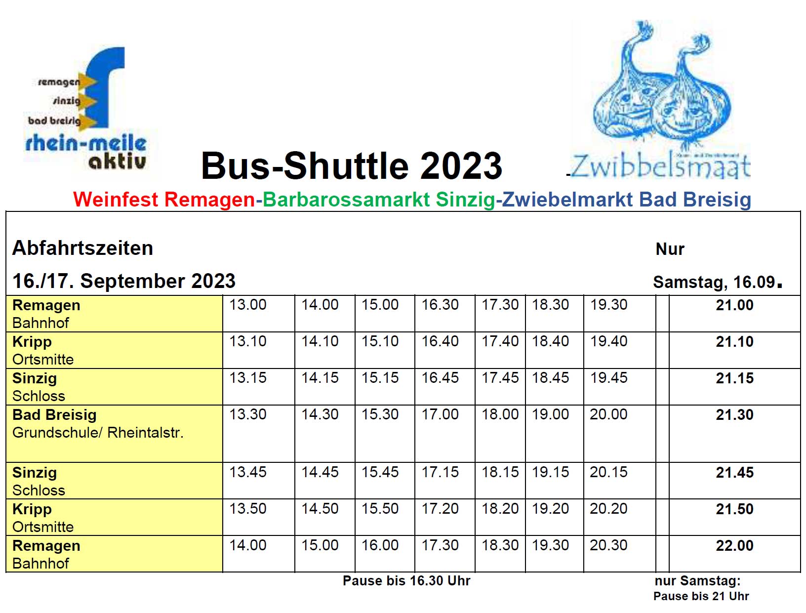 Fahrplan Shuttlebus Weinfest Remagen - Barbarossamarkt Sinzig - Zwibbelsmaat Bad Breisig